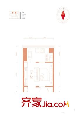 新北京中心50平B-4一居户型图 1室1厅1卫1厨