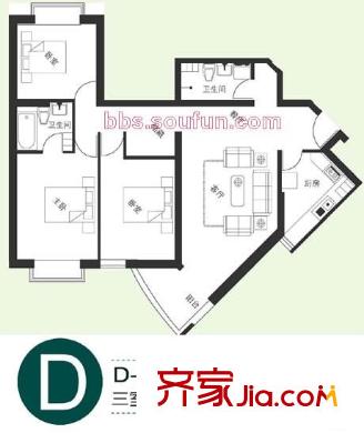 富河园碧水明珠户型图D-06户型 3室2厅2卫1厨