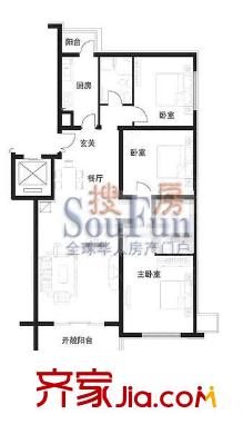 观景园户型图9#楼 C户型 3室2厅2卫1厨