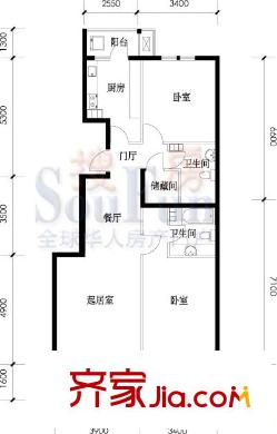 名都家苑户型图6号楼B反户型 2室2厅1卫1厨