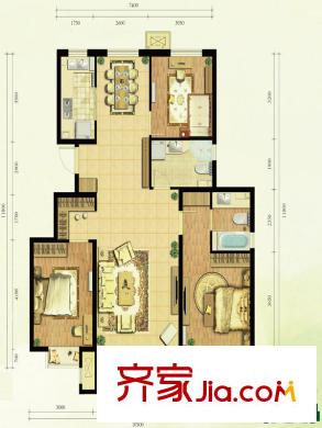 中国铁建国际花园二期A户型图 3室2厅2卫1厨