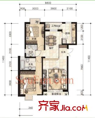 BOBO自由城一期户型图A1户型 2室2厅2卫1厨