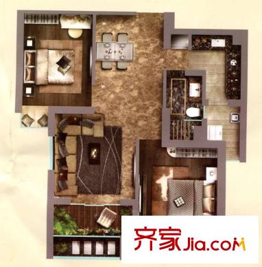 慧芝湖花园三期户型图2号03室 2室2厅1卫1厨