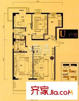 大成郡户型图若辰园U户型 3室2厅2卫1厨