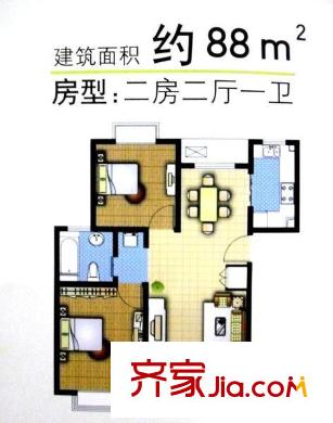 东方城市绿洲户型图两室户型 2室2厅1卫1厨
