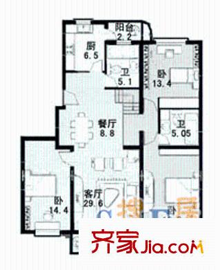 洪山花苑户型图3室2厅2卫1厨