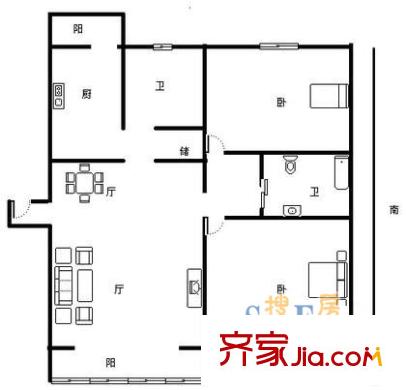 洪山花苑户型图户型图 2室2厅2卫1厨