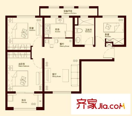 中海御景熙岸户型图E4户型 3室2厅2卫1厨