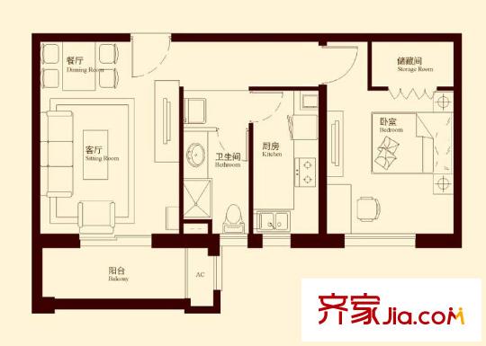 中海御景熙岸户型图D2户型 1室1厅1卫1厨