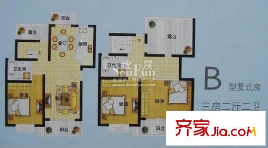 上大阳光乾和园户型图B复式户型 3室2厅2卫