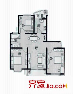 北美田园户型图3室2厅1卫1厨