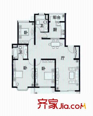 北美田园户型图3室2厅1卫1厨