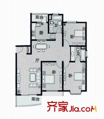 北美田园户型图3室2厅1卫1厨