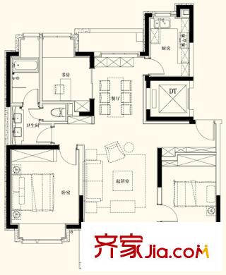 万科城花新园户型图115A户型图 3室2厅1卫1厨