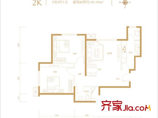 融科钧廷二期2K户型图 2室2厅1卫1厨