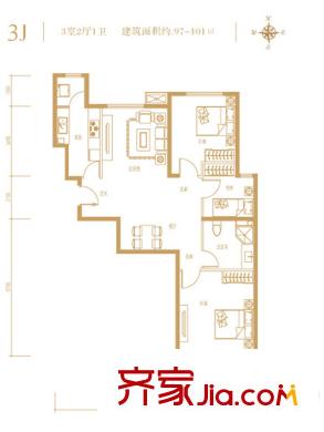 融科钧廷二期3J户型图 3室2厅1卫1厨