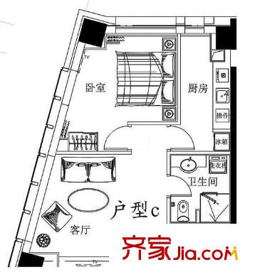 融达国际酒店式公寓C户型(售罄) 1室1厅1卫1厨