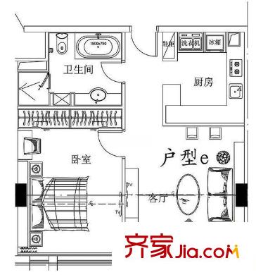 融达国际酒店式公寓E户型(售罄) 1室1厅1卫1厨