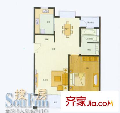贝越水岸名邸户型图B一楼 1室2厅1卫1厨