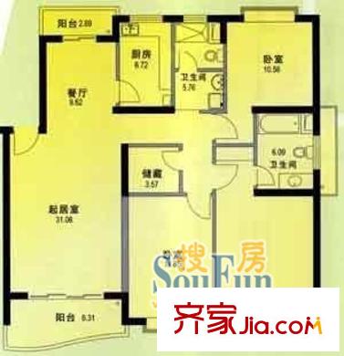 月亮灣園戶型圖上海 月亮灣(川沙) 戶型圖 3室2廳2衛(wèi)1廚