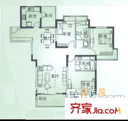 碧云新天地三期戶型圖戶型圖 3室2廳2衛(wèi)1廚