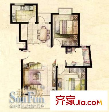 南洋瑞都户型图B型 2室2厅1卫1厨