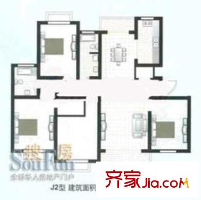 枫桦景苑户型图J2户型 3室2厅2卫1厨
