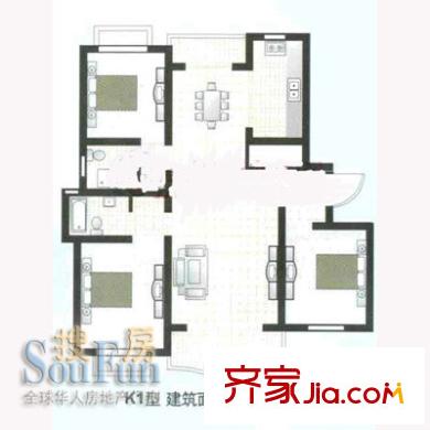 枫桦景苑户型图K1户型 3室2厅2卫1厨