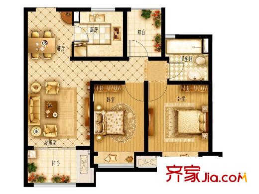 信达蓝爵B户型图 2室2厅1卫1厨