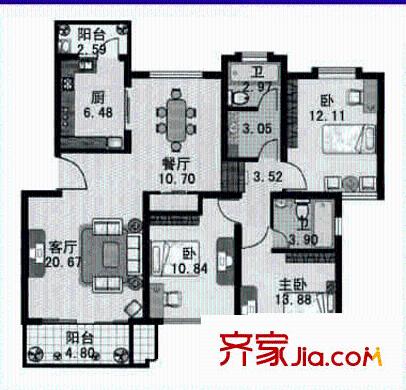 东兰兴城玉兰苑户型图3室2厅1卫1厨