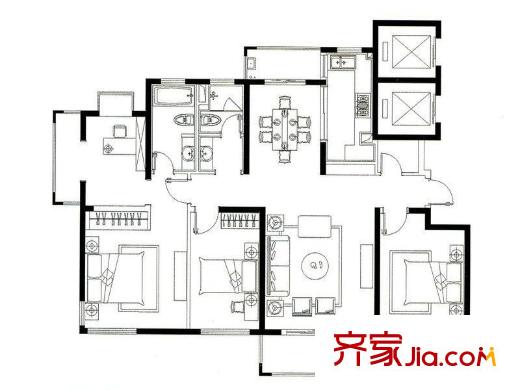 證大家園五期戶型圖02室戶型圖 4室2廳2衛(wèi)1廚