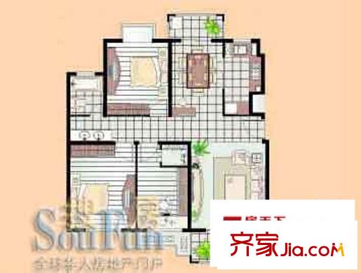 證大家園五期戶型圖B戶型 3室2廳1衛(wèi)