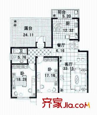 兆丰虹桥公寓户型图2室2厅1卫1厨