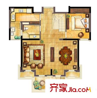 古北御庭戶型圖躍層A2-y(一.層） 1室2廳1衛(wèi)1廚