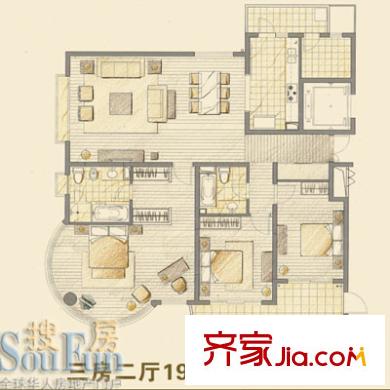 濱江蘭庭戶型圖3室2廳2衛(wèi)1廚