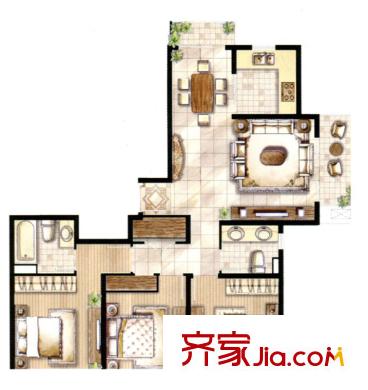 上海源花城户型图D1户型图 3室2厅2卫