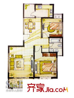 金港河滨华城户型图风尚丽舍D2户型 2室2厅1卫