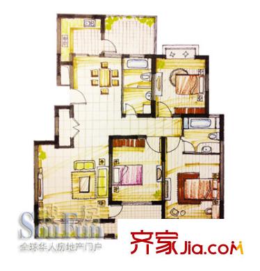 金港河滨华城户型图怡景名门B型户 3室2厅2卫