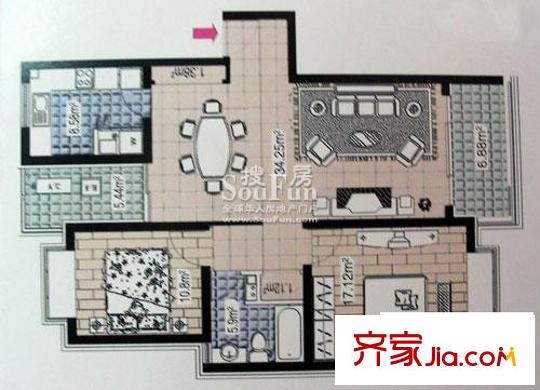 祥和星宇花园户型图106平米二房户型 2室2厅1卫1厨