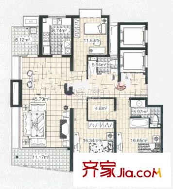 祥和星宇花园户型图128平米3房户型图 3室2厅2卫1厨