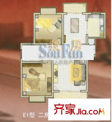 東方城市公寓戶型圖E2戶型 2室2廳1衛(wèi)1廚