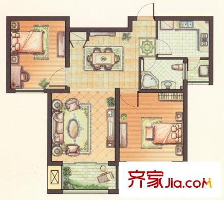 西上海名邸户型图B3户型 2室2厅1卫1厨