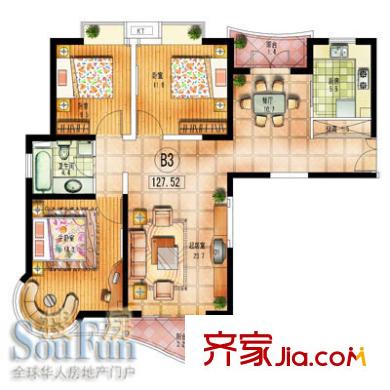 旭輝雅苑戶型圖B3型 戶型圖 3室2廳1衛(wèi)1廚