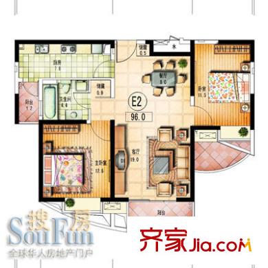 旭輝雅苑戶型圖e2型 戶型圖 2室2廳1衛(wèi)1廚