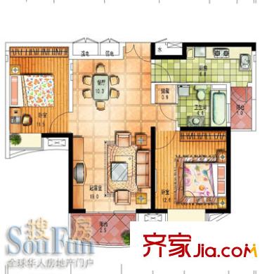 旭輝雅苑戶型圖d2型 戶型圖 2室2廳1衛(wèi)1廚