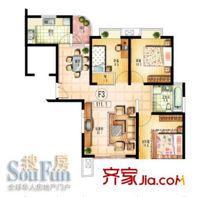 旭輝雅苑戶型圖f3型 戶型圖 3室2廳1衛(wèi)1廚