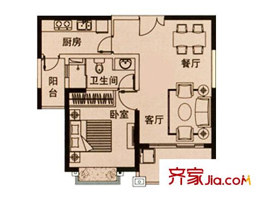 维罗纳贵都89#03室户型图 1室2厅1卫1厨