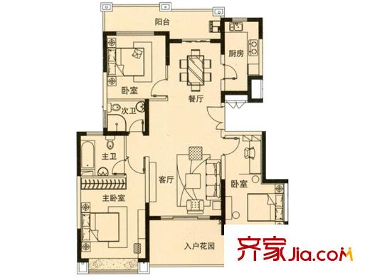 维罗纳贵都122#02室户型图 3室2厅2卫1厨