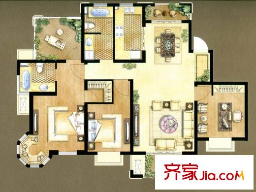 華鉅御庭3期巔峰A1戶型 3室2廳2衛(wèi)1廚