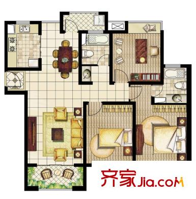 海尚名都户型图1幢3号户型图 3室2厅2卫